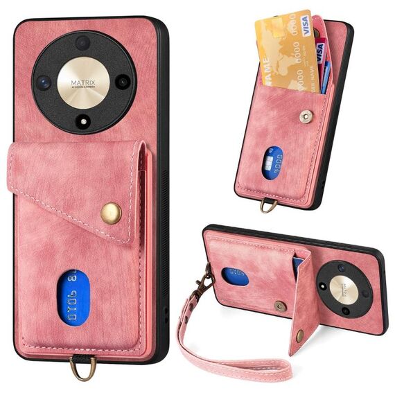 Custodia per cellulare in pelle pieghevole con portafoglio retrò per Honor X9b con cinturino (rosa)