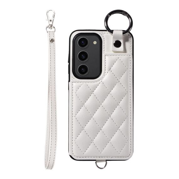 Per Samsung Galaxy S23 5G Custodia per cellulare con texture rombica con cordino corto (bianco)
