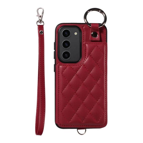 Per Samsung Galaxy S23 5G Custodia per cellulare con texture rombica con cordino corto (rosso vino)