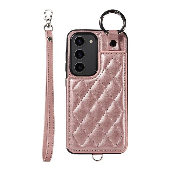 Per Samsung Galaxy S23 5G Custodia per telefono con trama rombica e cordino corto (oro rosa)
