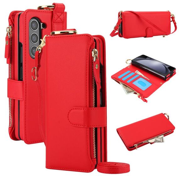 Per Samsung Galaxy Z Fold6 Anello a tracolla multifunzionale Custodia a portafoglio in pelle pieghevole (Rosso)