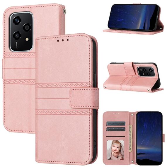 Custodia per telefono in pelle per Honor 200 Lite con strisce globali in rilievo Skin Feel (rosa)