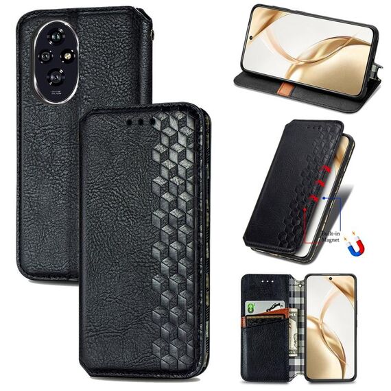 Custodia per telefono in pelle magnetica pressata a griglia cubica per Honor 200 (nera)