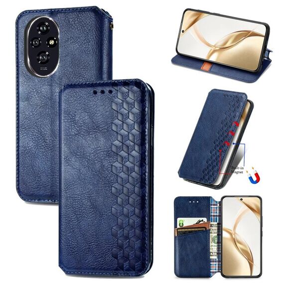 Custodia per telefono in pelle magnetica pressata a griglia cubica per Honor 200 (blu)