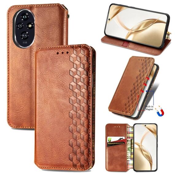 Custodia per telefono in pelle magnetica pressata a griglia cubica per Honor 200 (marrone)