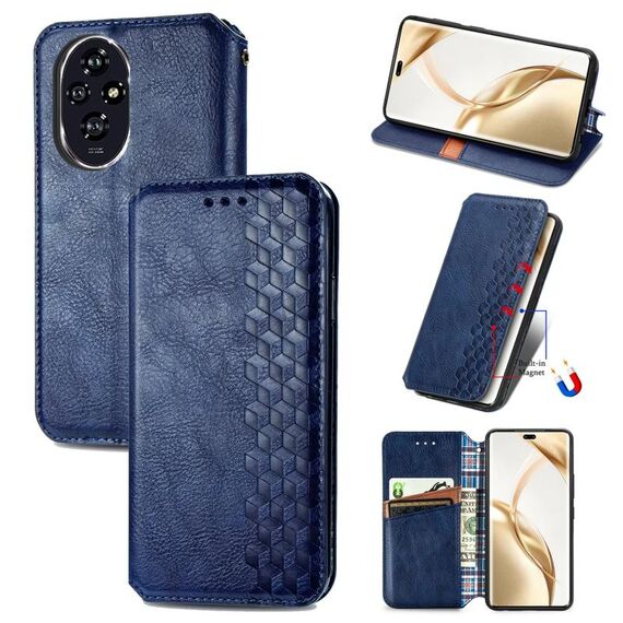 Custodia per telefono in pelle magnetica pressata con griglia cubica per Honor 200 Pro (blu)