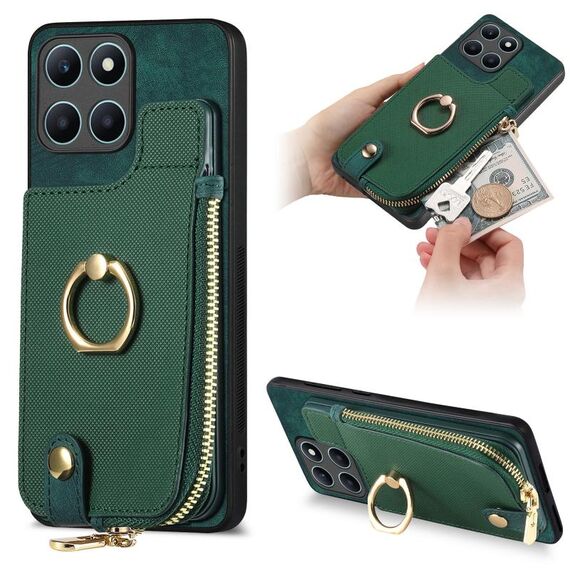Custodia per telefono posteriore con cerniera verticale con anello in pelle incrociata per Honor X6a (verde)
