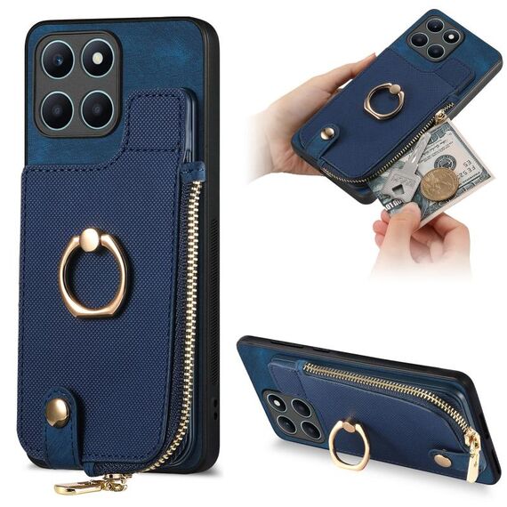Custodia per telefono posteriore con cerniera verticale con anello in pelle incrociata per Honor X6a (blu)