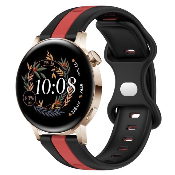 Per Huawei Watch GT3 42mm 20mm Cinturino in silicone bicolore con fibbia a farfalla (nero + rosso)