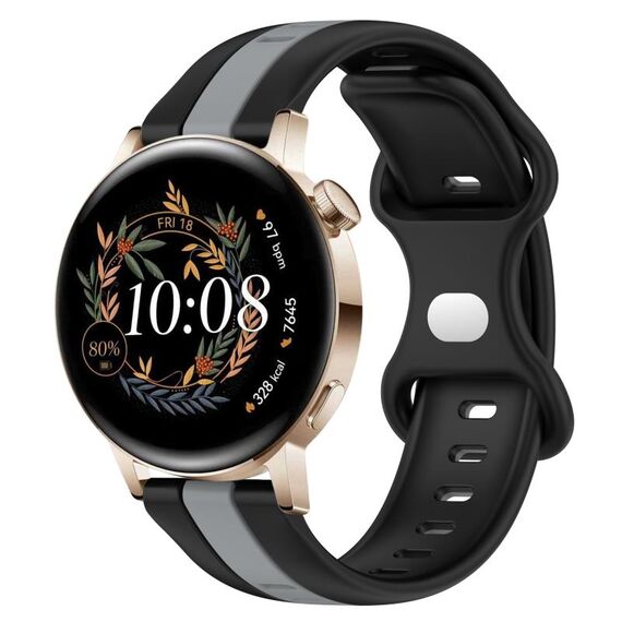Per Huawei Watch GT3 42mm 20mm Cinturino in silicone bicolore con fibbia a farfalla (nero + grigio)