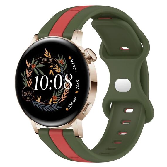 Per Huawei Watch GT3 42mm 20mm Cinturino in silicone bicolore con fibbia a farfalla (rosso + verde militare)