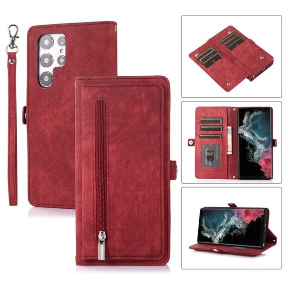 Per Samsung Galaxy S22 Ultra 5G Zipper Card Slot Buckle Wallet Custodia in pelle per telefono (rosso)