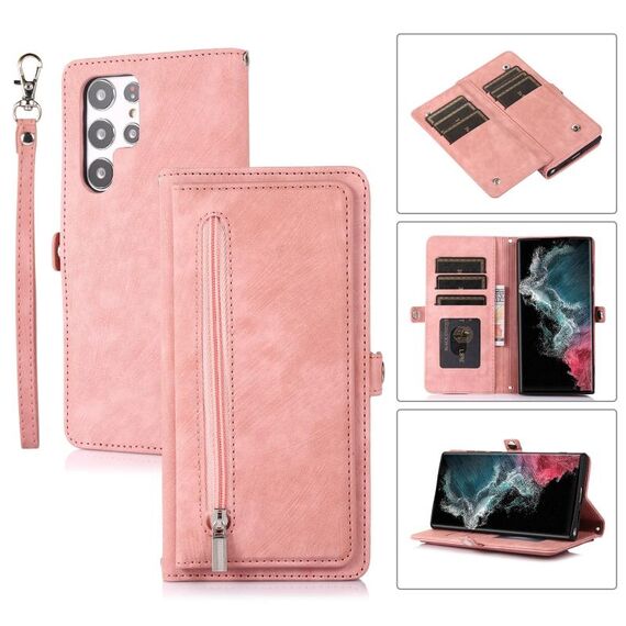Per Samsung Galaxy S22 Ultra 5G Zipper Card Slot Buckle Wallet Custodia in pelle per telefono (rosa)