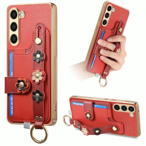 Custodia per telefono con cinturino per scheda e polsino con fiori stereoscopici per Samsung Galaxy S23+ 5G (rosso)