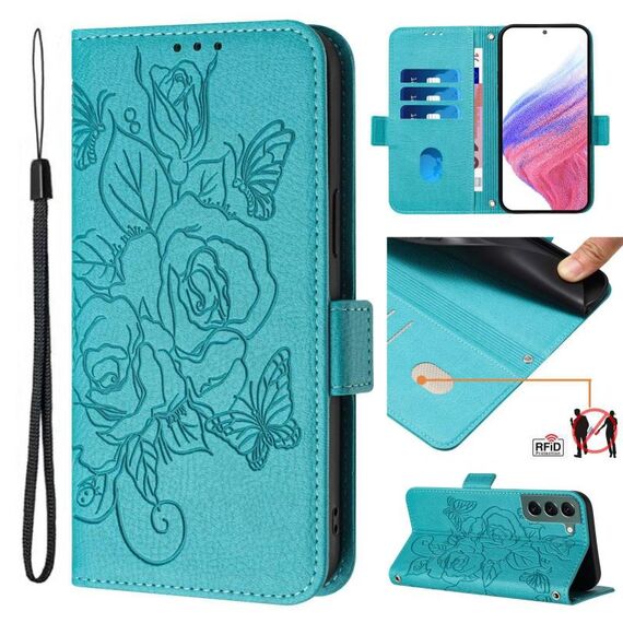 Per Samsung Galaxy S22+ 5G Custodia in pelle antifurto RFID con motivo a rosa in rilievo (azzurro chiaro)