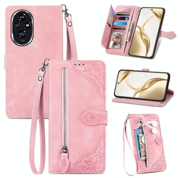 Custodia per telefono in pelle con cerniera fiore goffrato per Honor 200 (rosa)