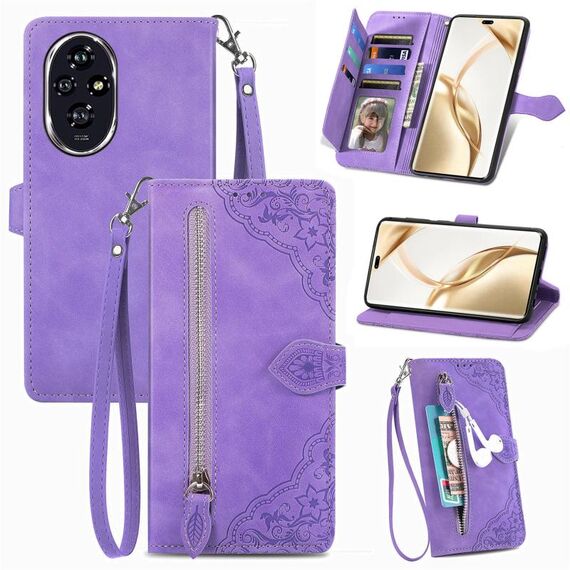 Custodia per telefono in pelle con cerniera fiore in rilievo per Honor 200 Pro (viola)