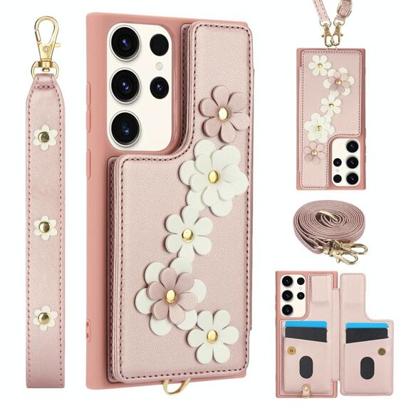 Custodia per cellulare in pelle con motivo floreale a tracolla per Samsung Galaxy S22 Ultra 5G (oro rosa)