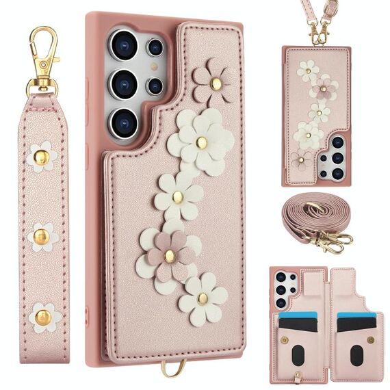 Custodia per cellulare in pelle con motivo floreale a tracolla per Samsung Galaxy S24 Ultra 5G (oro rosa)