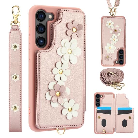 Custodia per cellulare in pelle con motivo floreale a tracolla per Samsung Galaxy S23 FE 5G (oro rosa)