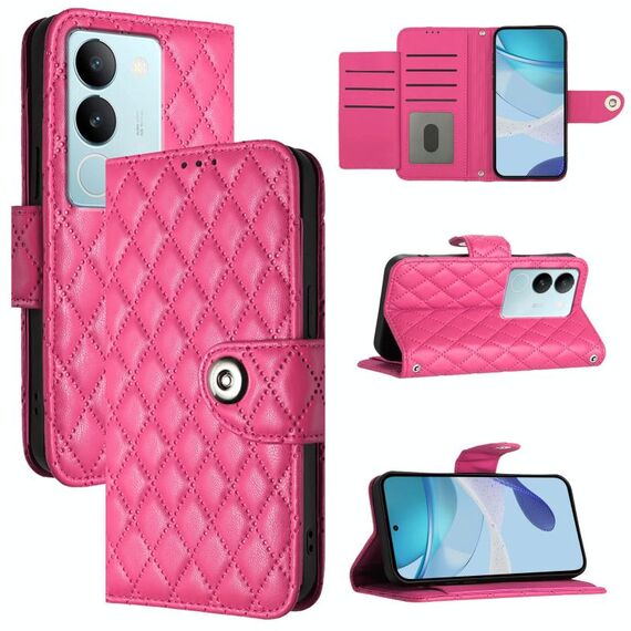 Custodia per telefono in pelle con texture rombica per vivo V29 / V29 Pro con cordino (rosa rosso)