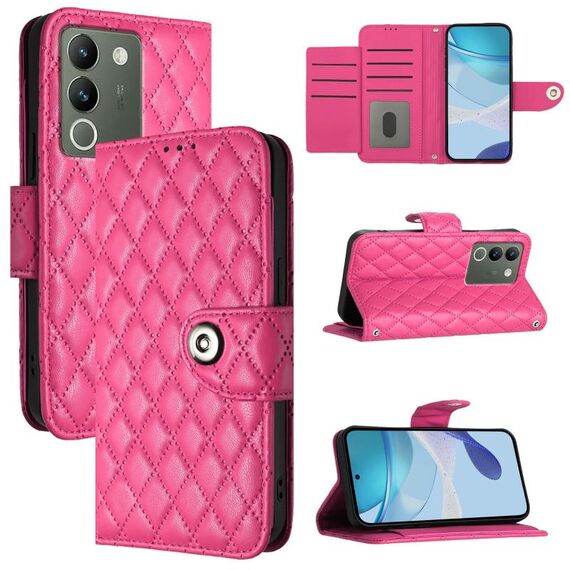 Custodia per cellulare in pelle con texture rombica per vivo V29e / Y200 / V30 Lite con cordino (rosa rosso)