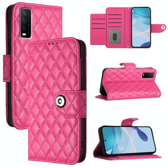 Per vivo Y20 / Y20i / Y20s / Y20a Custodia per cellulare in pelle con texture rombica con cordino (rosa rosso)