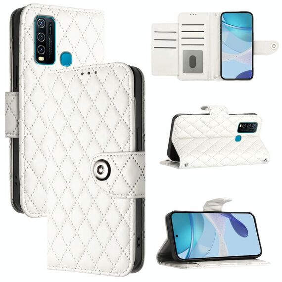 Per vivo Y30 4G Custodia per cellulare in pelle con texture rombica globale con cordino (bianca)