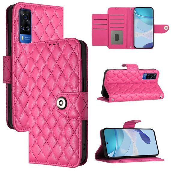 Per vivo Y51 2020 India / Y31 India Custodia per telefono in pelle con texture rombica con cordino (rosso rosa)