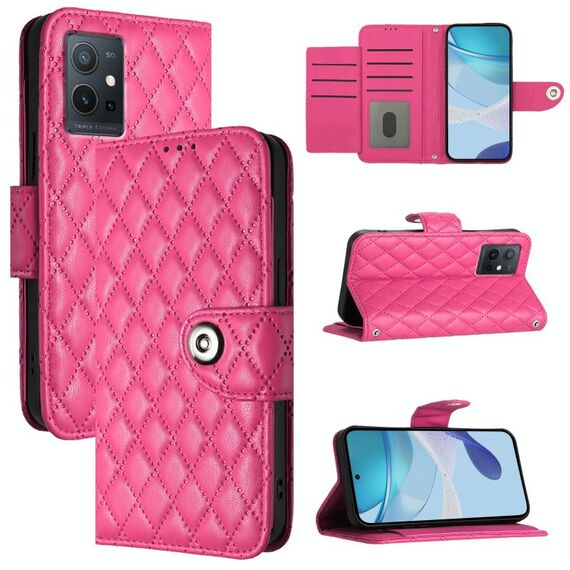 Per vivo Y55s 2023 / Y55 5G / Y75 5G Custodia per telefono in pelle con texture rombica con cordino (Rosa rossa)