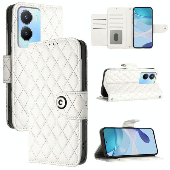 Per vivo Y56 / Y16 / Y02s Custodia per cellulare in pelle con texture rombica con cordino (bianca)