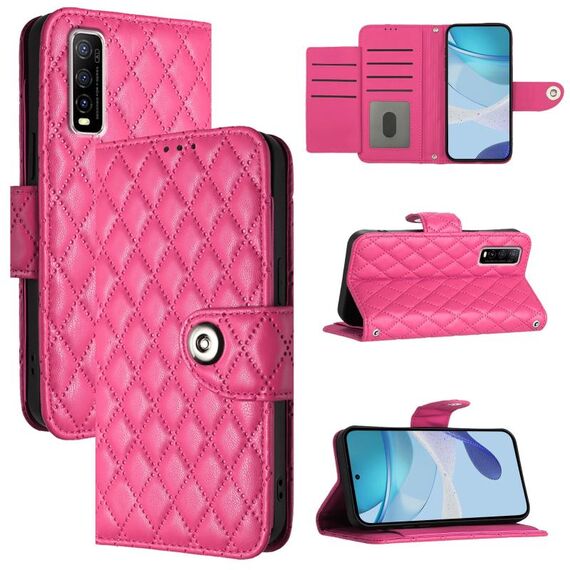Per vivo Y70s Custodia per telefono in pelle con texture rombica con cordino (rosso rosa)