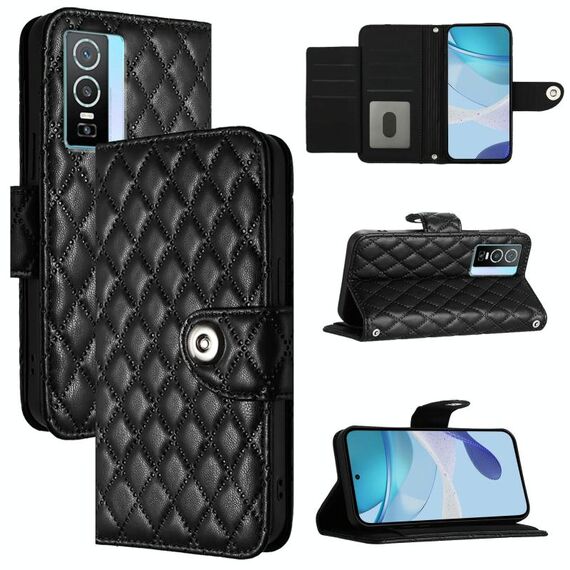 Per vivo Y76 5G Custodia per cellulare in pelle con texture rombica con cordino (nero)