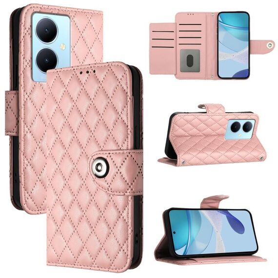 Per vivo Y78+ / Y78 / V29 Lite Custodia per telefono in pelle con texture rombica con cordino (rosa corallo)