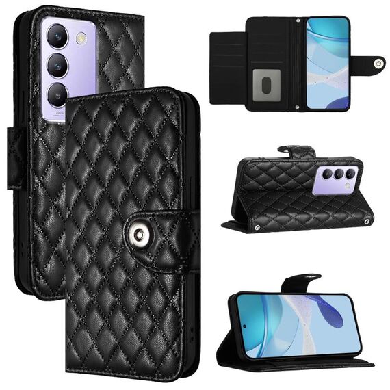 Per vivo T3 5G IDN / V40 SE Custodia per cellulare in pelle con texture rombica con cordino (nero)