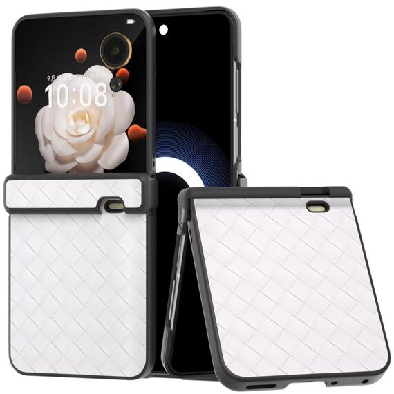 Per Honor Magic V Flip Custodia per telefono in PU con struttura intrecciata in tre parti con cornice nera (bianca)