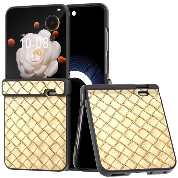 Custodia per telefono in PU con struttura intrecciata con tre parti per Honor Magic V Flip (oro)