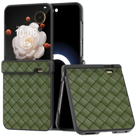 Per Honor Magic V Flip Custodia per telefono in PU con struttura intrecciata in tre parti con telaio nero (verde)