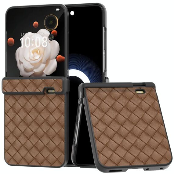 Per Honor Magic V Flip Custodia per telefono in PU con struttura intrecciata in tre parti con cornice nera (marrone)