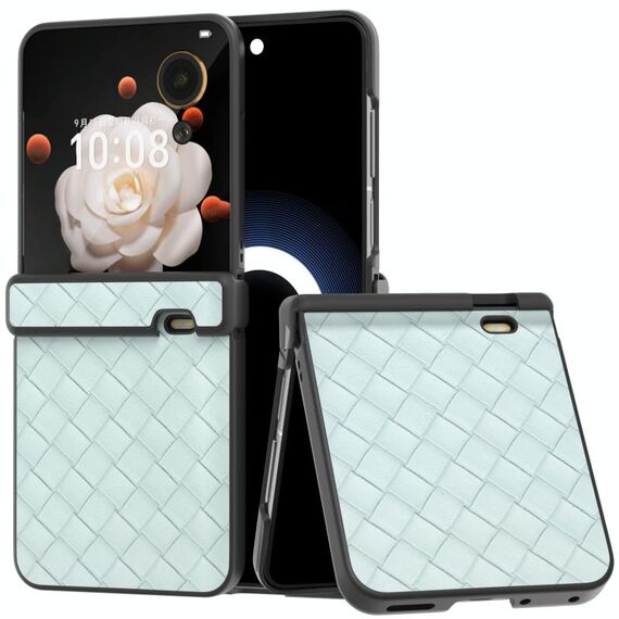 Per Honor Magic V Flip Custodia per telefono in PU con struttura intrecciata in tre parti con telaio nero (verde chiaro)