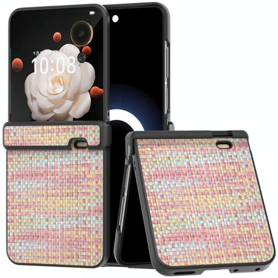 Per Honor Magic V Flip Custodia per telefono in PU con struttura in reticolo di colore nero con tre parti (rosa)