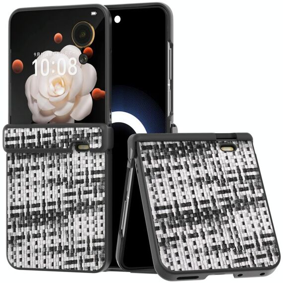 Per Honor Magic V Flip Custodia per telefono in PU con struttura in reticolo di colore nero con tre parti (nero)