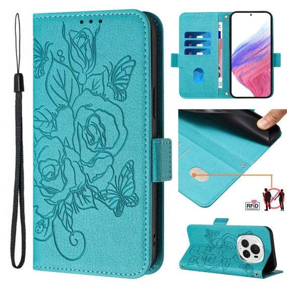 Per Honor Magic6 Pro 5G Custodia in pelle antifurto RFID con motivo a rosa in rilievo (azzurro chiaro)