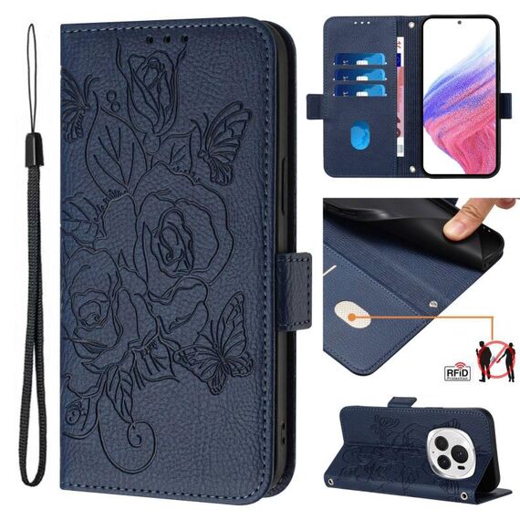 Per Honor Magic6 Pro 5G Custodia per telefono antifurto in pelle RFID rosa goffrata (blu scuro)