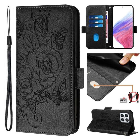 Custodia per telefono antifurto in pelle RFID rosa goffrata per Honor X8 4G / X30i 5G / Play 6T Pro 5G (nero)