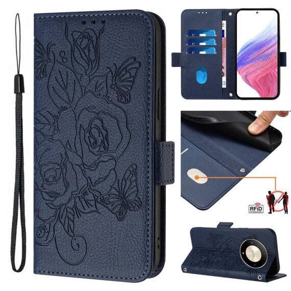 Custodia per telefono antifurto in pelle RFID rosa goffrata per Honor X9b 5G / Magic6 Lite 5G (blu scuro)