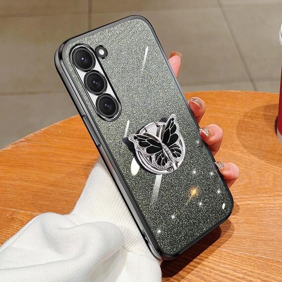 Per Samsung Galaxy S23 5G Custodia per telefono in TPU con supporto a farfalla con glitter sfumato placcato (nero)