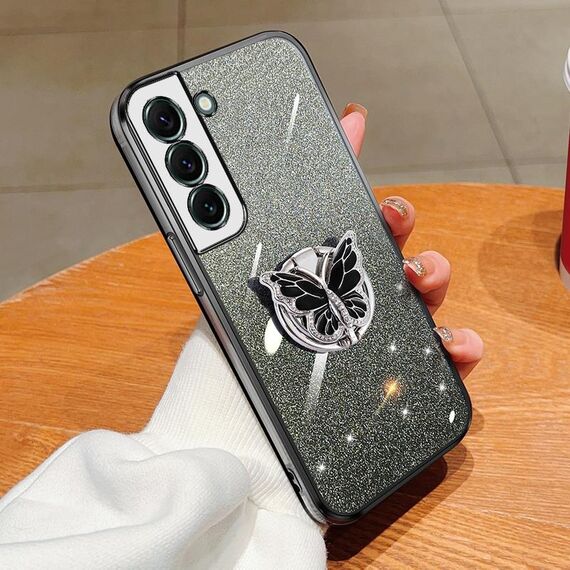 Per Samsung Galaxy S22+ 5G Custodia per telefono in TPU con supporto a farfalla con glitter sfumato placcato (nero)