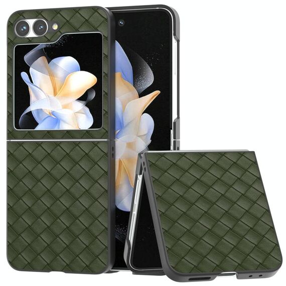 Per Samsung Galaxy Z Flip6 Custodia per telefono in PU con trama intrecciata e cornice nera (verde)