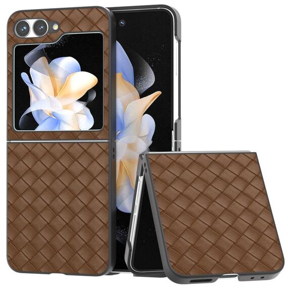 Custodia per telefono in PU con trama intrecciata con cornice nera per Samsung Galaxy Z Flip6 (marrone)